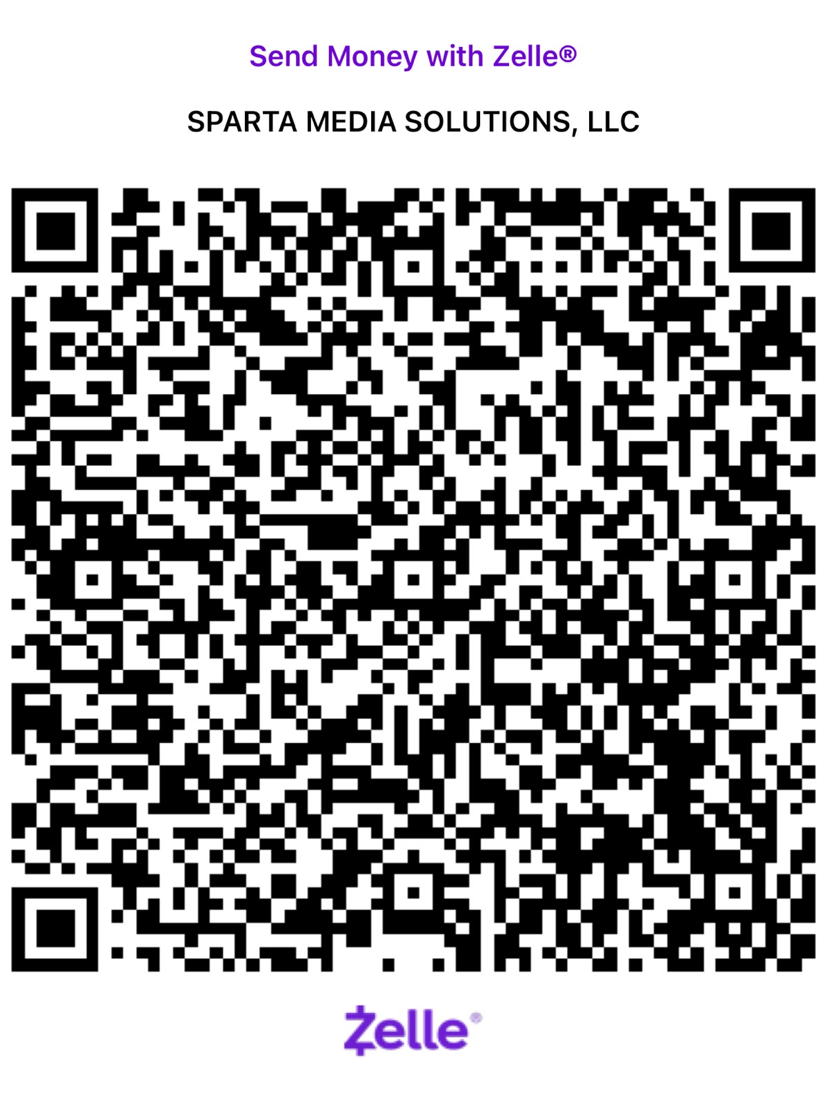 Zelle QR code SPARTA MEDIA SOLUTIONS, LLC